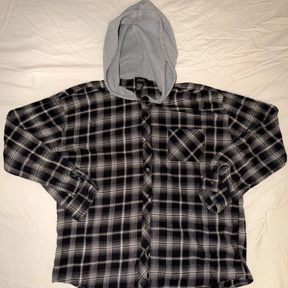 Justify Plaid Hooded Flannel Shirt Large Black White Button Up Hoodie Cotton L